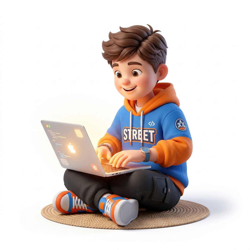Kid working on laptop 3D render
